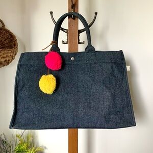 Quilted Koala Kanvas East West Blue Denim Tote Bag with Pom Poms